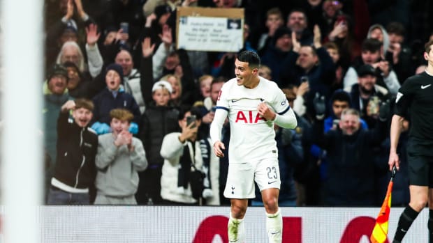 Pedro Porro pictured celebrating after scoring a brilliant goal for Tottenham Hotspur in a 1-0 win over Burnley in the FA Cup in January 2024